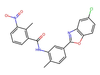 N-[5-(5-chlorobenzooxazol-2-yl)-2-methyl-phenyl]-2-methyl-3-nitro-benzamide structure