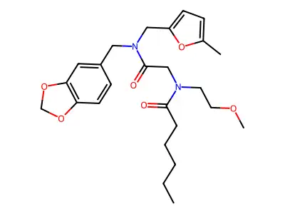 N-(2-{[(2H-1,3-Benzodioxol-5-yl)methyl][(5-methylfuran-2-yl)methyl]amino}-2-oxoethyl)-N-(2-methoxyethyl)hexanamide structure
