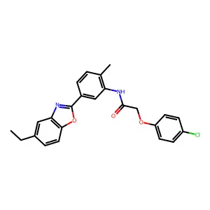 2-(4-chlorophenoxy)-N-[5-(5-ethyl-1,3-benzoxazol-2-yl)-2-methylphenyl]acetamide structure