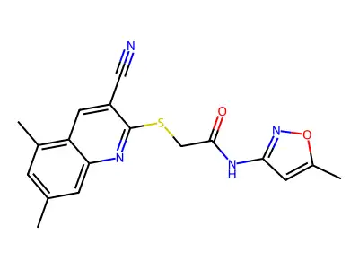 Acetamide,2-[(3-cyano-5,7-dimethyl-2-quinolinyl)thio]-N-(5-methyl-3-isoxazolyl)- structure