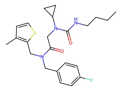 2-[butylcarbamoyl(cyclopropyl)amino]-N-[(4-fluorophenyl)methyl]-N-[(3-methylthiophen-2-yl)methyl]acetamide structure