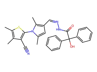 N-[(Z)-[1-(3-cyano-4,5-dimethylthiophen-2-yl)-2,5-dimethylpyrrol-3-yl]methylideneamino]-2-hydroxy-2,2-diphenylacetamide structure