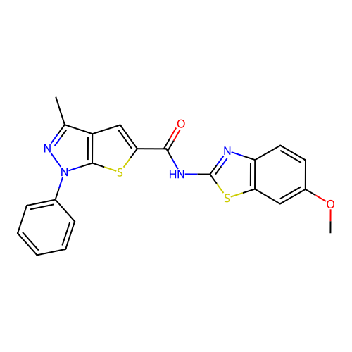N-(6-methoxy-1,3-benzothiazol-2-yl)-3-methyl-1-phenylthieno[2,3-c]pyrazole-5-carboxamide structure