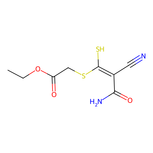 (Z)-ethyl 2-((3-amino-2-cyano-1-mercapto-3-oxoprop-1-en-1-yl)thio)acetate structure