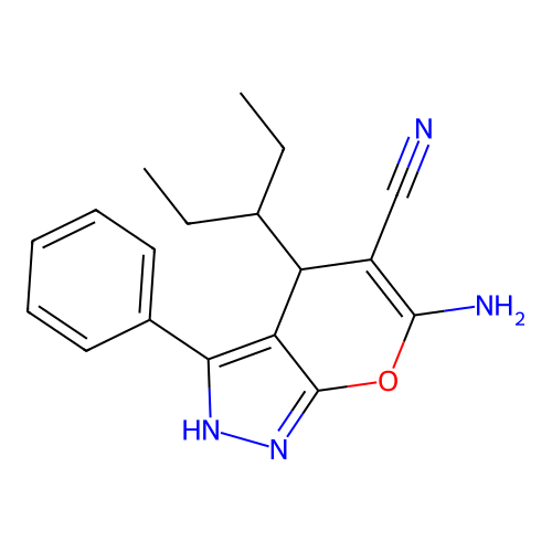 6-Amino-4-pentan-3-yl-3-phenyl-2,4-dihydropyrano[2,3-c]pyrazole-5-carbonitrile structure