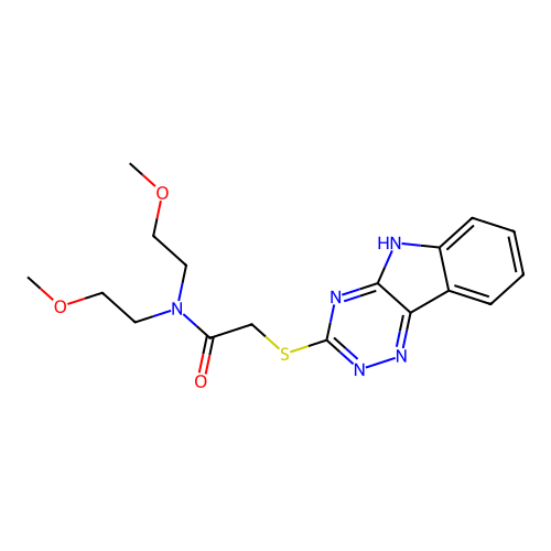 N,N-bis(2-methoxyethyl)-2-(5H-[1,2,4]triazino[5,6-b]indol-3-ylsulfanyl)acetamide structure