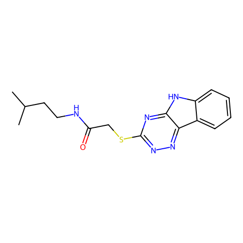 N-(3-methylbutyl)-2-(5H-[1,2,4]triazino[5,6-b]indol-3-ylsulfanyl)acetamide structure