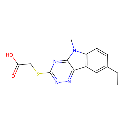 2-[(8-Ethyl-5-methyl-[1,2,4]triazino[5,6-b]indol-3-yl)sulfanyl]acetic acid structure