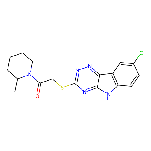 2-[(8-chloro-5H-[1,2,4]triazino[5,6-b]indol-3-yl)sulfanyl]-1-(2-methylpiperidin-1-yl)ethanone structure