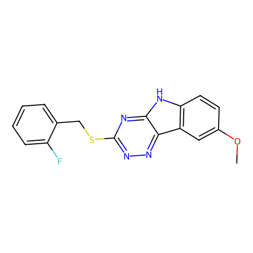 3-[(2-fluorophenyl)methylsulfanyl]-8-methoxy-5H-[1,2,4]triazino[5,6-b]indole structure