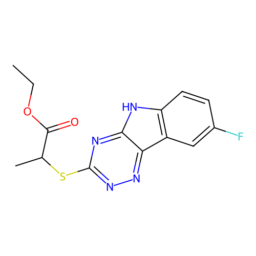 ethyl 2-[(8-fluoro-5H-[1,2,4]triazino[5,6-b]indol-3-yl)sulfanyl]propanoate structure