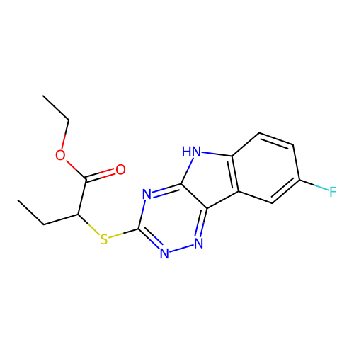ethyl 2-[(8-fluoro-5H-[1,2,4]triazino[5,6-b]indol-3-yl)sulfanyl]butanoate structure