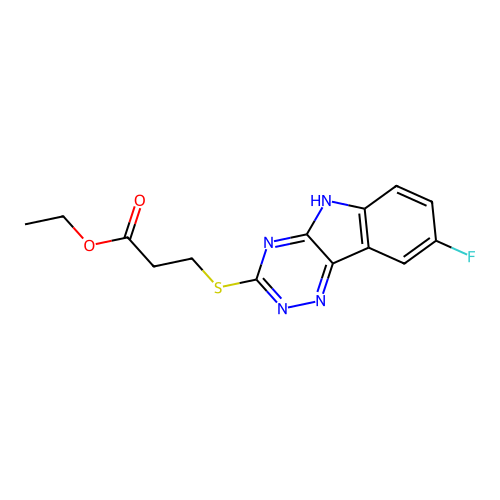 ethyl 3-[(8-fluoro-5H-[1,2,4]triazino[5,6-b]indol-3-yl)sulfanyl]propanoate structure