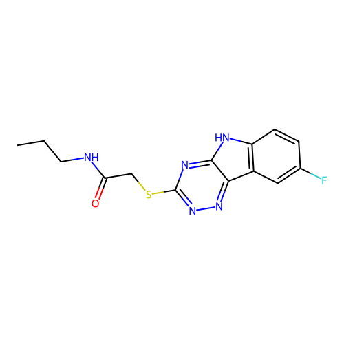 2-[(8-fluoro-5H-[1,2,4]triazino[5,6-b]indol-3-yl)sulfanyl]-N-propylacetamide structure