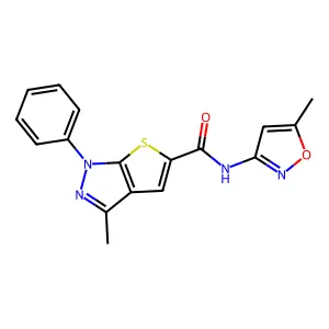3-methyl-N-(5-methyl-1,2-oxazol-3-yl)-1-phenylthieno[2,3-c]pyrazole-5-carboxamide structure