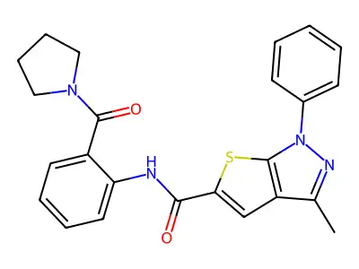 3-methyl-1-phenyl-N-[2-(pyrrolidine-1-carbonyl)phenyl]thieno[2,3-c]pyrazole-5-carboxamide structure