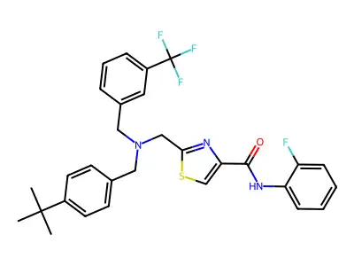 2-[([(4-tert-Butylphenyl)methyl]{[3-(trifluoromethyl)phenyl]methyl}amino)methyl]-N-(2-fluorophenyl)-1,3-thiazole-4-carboxamide structure