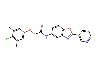 2-(4-chloro-3,5-dimethylphenoxy)-N-(2-pyridin-3-yl-1,3-benzoxazol-5-yl)acetamide structure