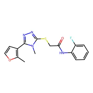 N-(2-fluorophenyl)-2-[[4-methyl-5-(2-methylfuran-3-yl)-1,2,4-triazol-3-yl]sulfanyl]acetamide structure