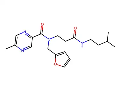 N-(furan-2-ylmethyl)-5-methyl-N-[3-(3-methylbutylamino)-3-oxopropyl]pyrazine-2-carboxamide structure