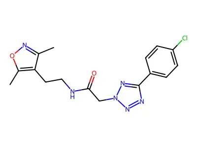 2-[5-(4-chlorophenyl)tetrazol-2-yl]-N-[2-(3,5-dimethyl-1,2-oxazol-4-yl)ethyl]acetamide structure