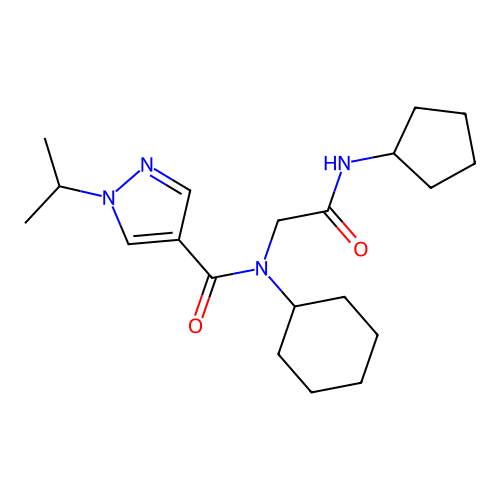 N-cyclohexyl-N-(cyclopentylcarbamoylmethyl)-1-propan-2-yl-pyrazole-4-carboxamide structure