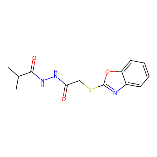 N'-[2-(1,3-benzoxazol-2-ylsulfanyl)acetyl]-2-methylpropanehydrazide structure