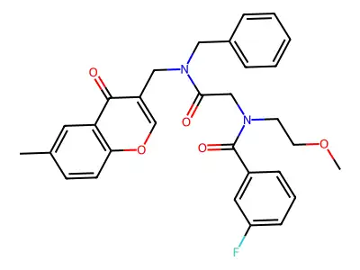 N-[2-[benzyl-[(6-methyl-4-oxochromen-3-yl)methyl]amino]-2-oxoethyl]-3-fluoro-N-(2-methoxyethyl)benzamide structure