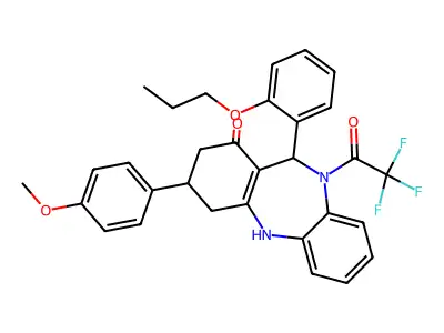 3-(4-methoxyphenyl)-11-(2-propoxyphenyl)-10-(trifluoroacetyl)-2,3,4,5,10,11-hexahydro-1H-dibenzo[b,e][1,4]diazepin-1-one structure