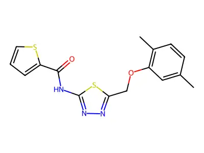 N-[5-[(2,5-dimethylphenoxy)methyl]-1,3,4-thiadiazol-2-yl]thiophene-2-carboxamide structure