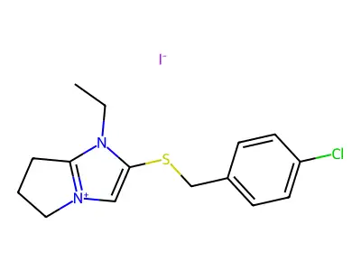 2-[(4-chlorophenyl)methylsulfanyl]-1-ethyl-6,7-dihydro-5H-pyrrolo[1,2-a]imidazol-4-ium iodide structure