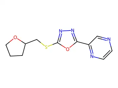 2-{5-[(Tetrahydro-2-furanylmethyl)sulfanyl]-1,3,4-oxadiazol-2-yl}pyrazine structure