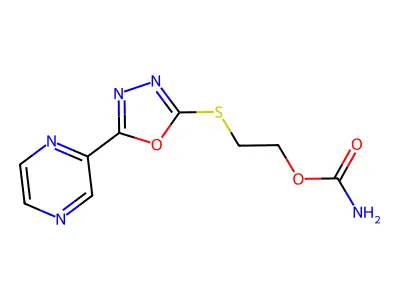 2-{[5-(2-Pyrazinyl)-1,3,4-oxadiazol-2-yl]sulfanyl}ethyl carbamate structure