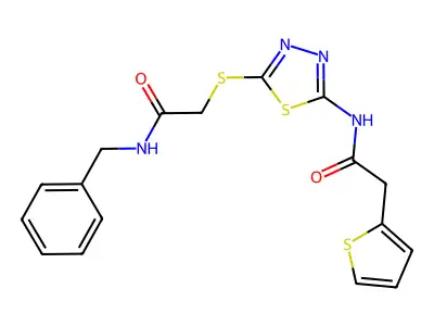 N-benzyl-2-((5-(2-(thiophen-2-yl)acetamido)-1,3,4-thiadiazol-2-yl)thio)acetamide structure
