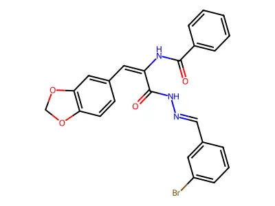 N-[(E)-1-(1,3-benzodioxol-5-yl)-3-[(2E)-2-[(3-bromophenyl)methylidene]hydrazinyl]-3-oxoprop-1-en-2-yl]benzamide structure