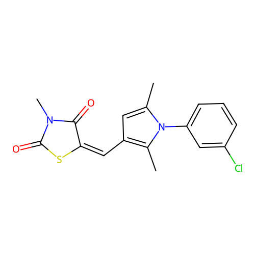 (5E)-5-[[1-(3-chlorophenyl)-2,5-dimethylpyrrol-3-yl]methylidene]-3-methyl-1,3-thiazolidine-2,4-dione structure