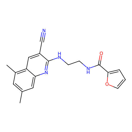 N-[2-[(3-cyano-5,7-dimethylquinolin-2-yl)amino]ethyl]furan-2-carboxamide structure