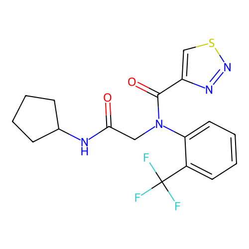N-(cyclopentylcarbamoylmethyl)-N-[2-(trifluoromethyl)phenyl]thiadiazole-4-carboxamide structure