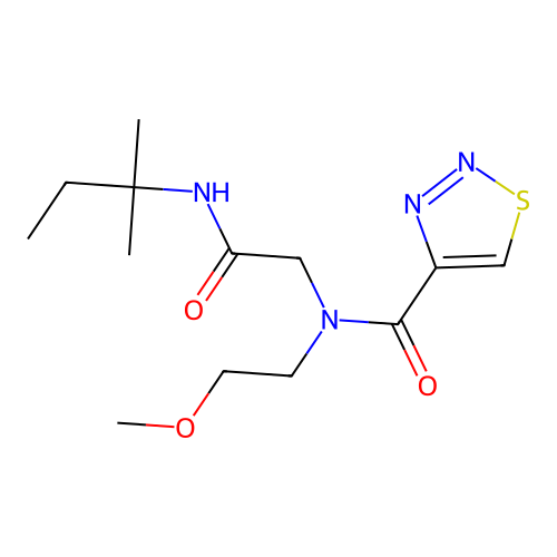 N-(2-methoxyethyl)-N-(2-methylbutan-2-ylcarbamoylmethyl)thiadiazole-4-carboxamide structure
