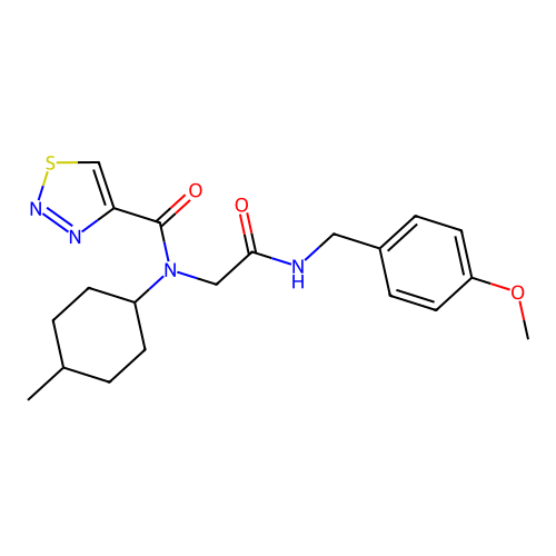N-[(4-methoxyphenyl)methylcarbamoylmethyl]-N-(4-methylcyclohexyl)thiadiazole-4-carboxamide structure