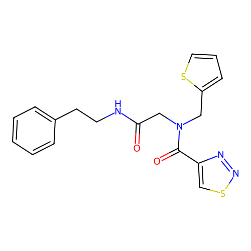 N-(phenethylcarbamoylmethyl)-N-(thiophen-2-ylmethyl)thiadiazole-4-carboxamide structure