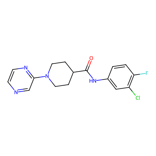 N-(3-chloro-4-fluorophenyl)-1-pyrazin-2-ylpiperidine-4-carboxamide structure