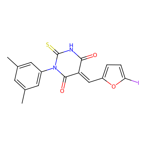 (5E)-1-(3,5-dimethylphenyl)-5-[(5-iodofuran-2-yl)methylidene]-2-sulfanylidene-1,3-diazinane-4,6-dione structure