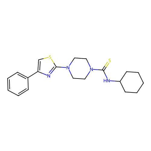 N-cyclohexyl-4-(4-phenyl-1,3-thiazol-2-yl)piperazine-1-carbothioamide structure