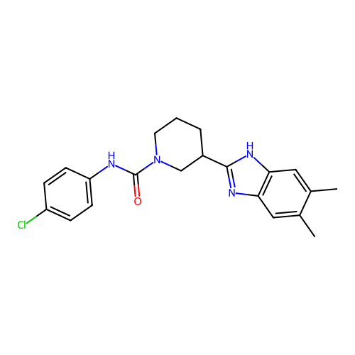 N-(4-chlorophenyl)-3-(5,6-dimethyl-1H-benzimidazol-2-yl)piperidine-1-carboxamide structure