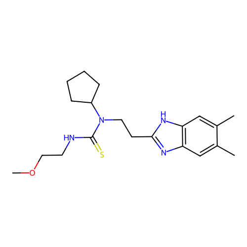 1-cyclopentyl-1-[2-(5,6-dimethyl-1H-benzimidazol-2-yl)ethyl]-3-(2-methoxyethyl)thiourea structure