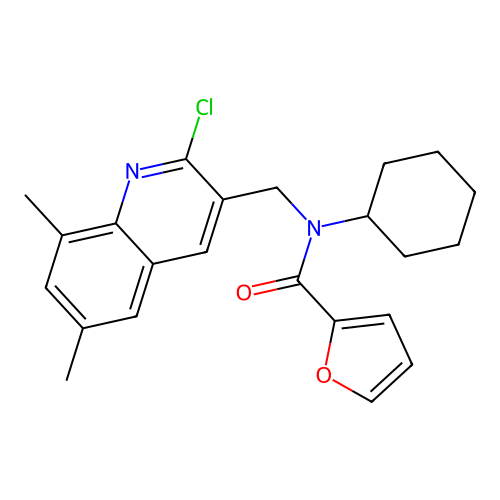 N-[(2-chloro-6,8-dimethylquinolin-3-yl)methyl]-N-cyclohexylfuran-2-carboxamide structure