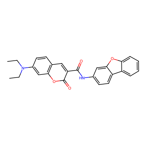 N-dibenzofuran-3-yl-7-(diethylamino)-2-oxochromene-3-carboxamide structure