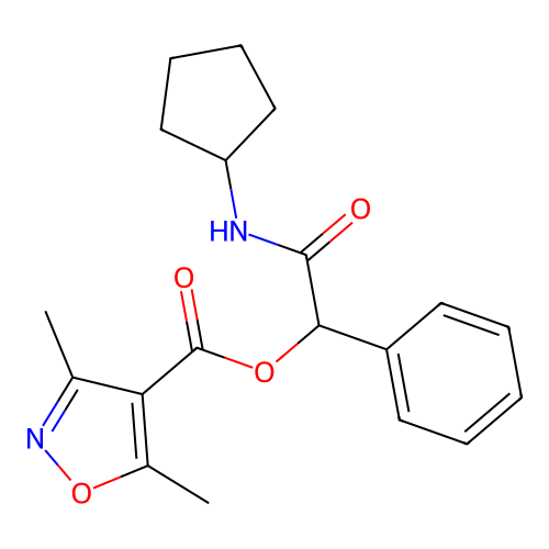 (cyclopentylcarbamoyl-phenyl-methyl) 3,5-dimethyl-1,2-oxazole-4-carboxylate structure