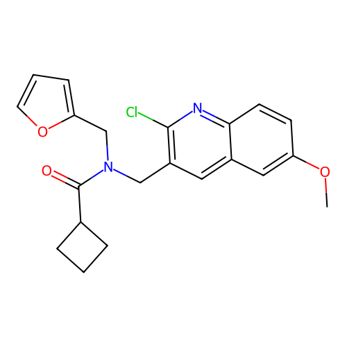 N-[(2-chloro-6-methoxy-quinolin-3-yl)methyl]-N-(2-furylmethyl)cyclobutanecarboxamide structure